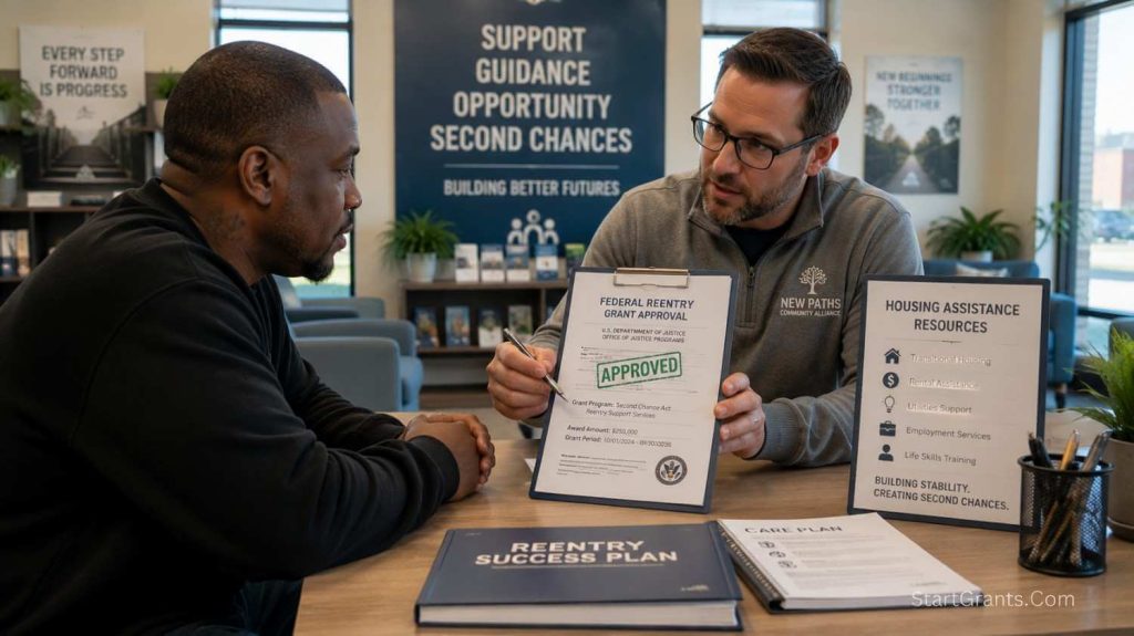 A parolee reviewing government reentry grants and housing assistance documents with a non-profit caseworker.