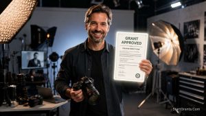A professional photographer reviewing a government grant approval document inside a modern photography studio.