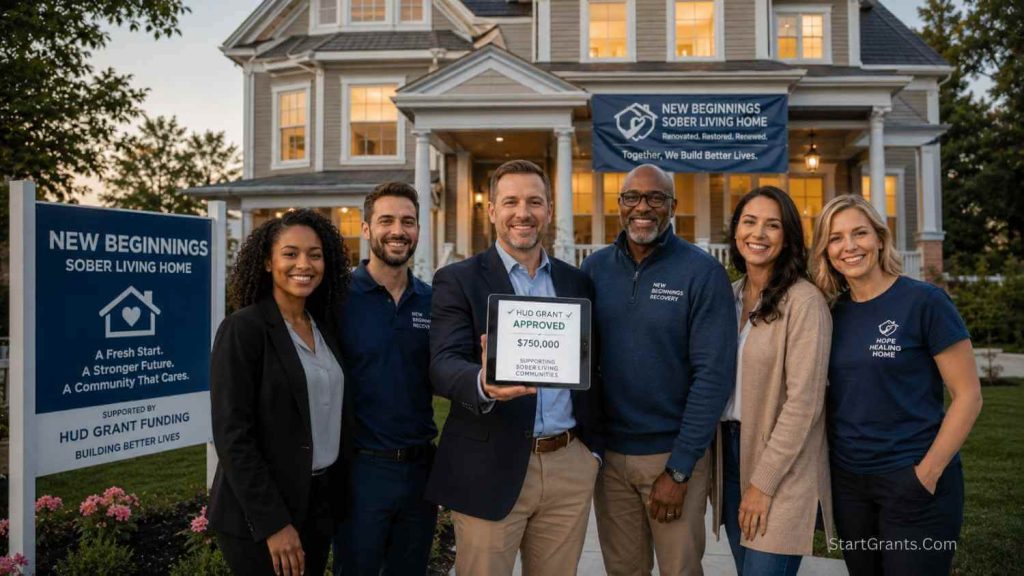 Non-profit directors standing in front of a sober living home funded by government grants.