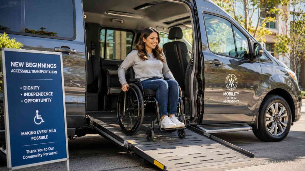 A disabled person in a wheelchair using an automated ramp on an accessible van funded by government grants.
