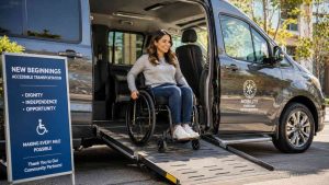 A disabled person in a wheelchair using an automated ramp on an accessible van funded by government grants.