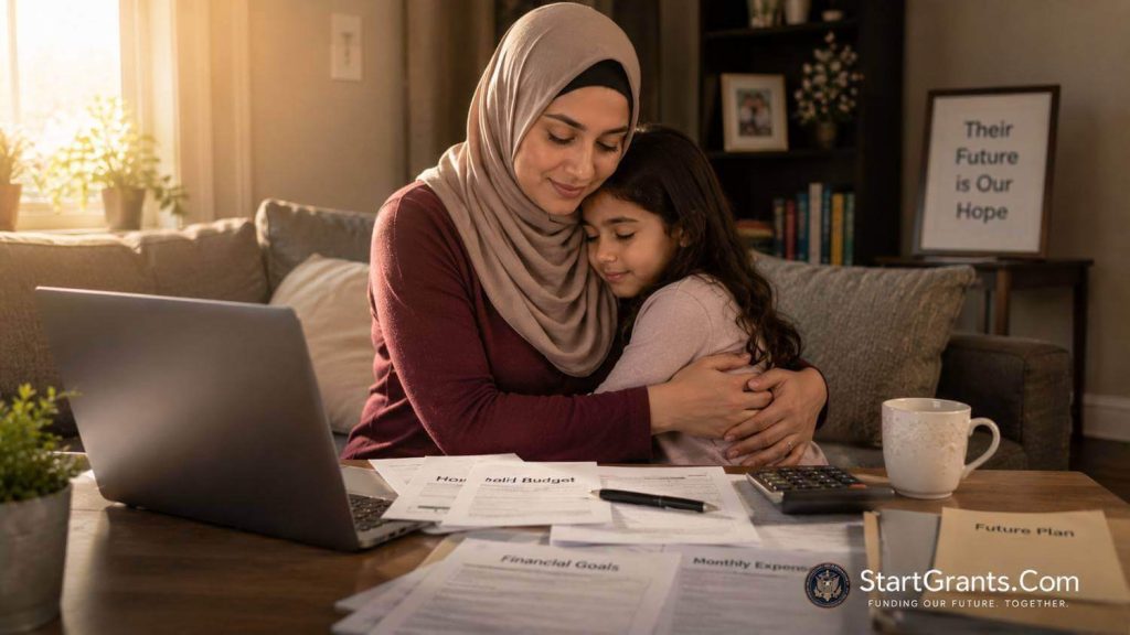 A widowed mother comforting her child while reviewing financial assistance grants and survivor benefits.