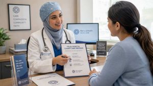 A Muslim doctor helping a patient apply for Halal hospital charity care to avoid Riba-based medical loans.