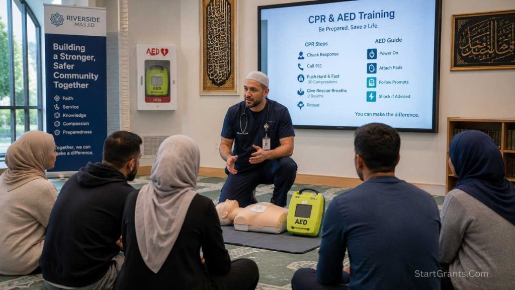 A Muslim medical professional conducting AED and CPR training inside a Masjid funded by Sadaqah Jariyah.