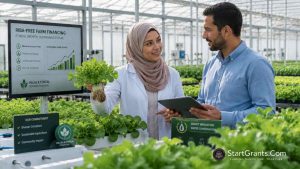 A Muslim agricultural engineer working in a modern greenhouse, utilizing Halal farm finance.