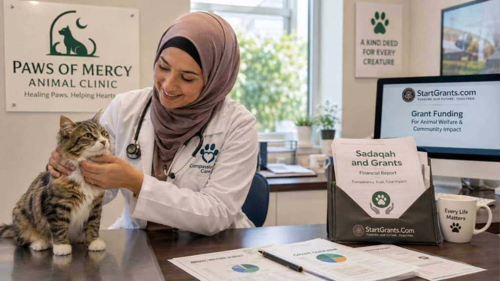 A Muslim veterinarian treating a rescued cat funded by Halal Sadaqah and grants.