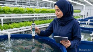 A Muslim female agricultural engineer monitoring a Halal aquaponics system funded without Riba.