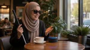 A Muslim woman with a visual impairment using assistive technology funded by Halal community grants.