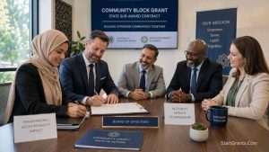 A Muslim non-profit board signing a state block grant sub-award contract to fund local community programs.