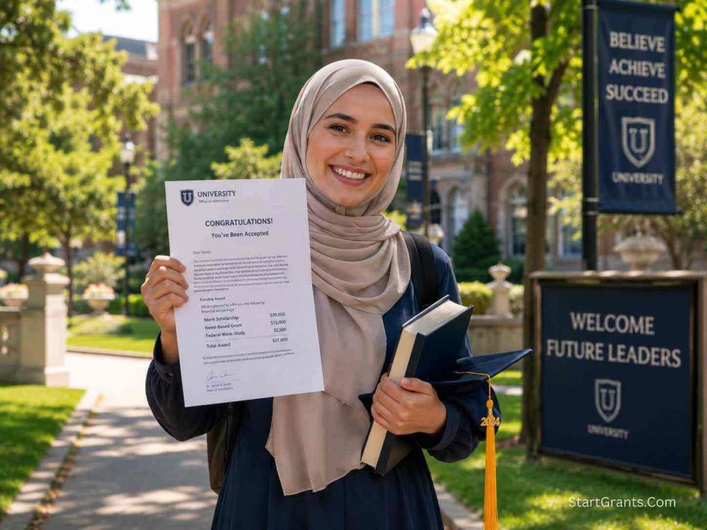A smiling Muslim student holding a Halal bursary award letter on a college campus.