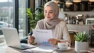 A Muslim female entrepreneur reviewing Halal business grants and Riba-free financing contracts on her laptop.