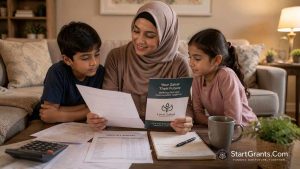 A Muslim single mother reviewing Halal cash assistance and Zakat funds to avoid Riba.