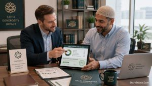 A Muslim donor verifying a charity's 100% Zakat policy and Riba-free financial compliance.