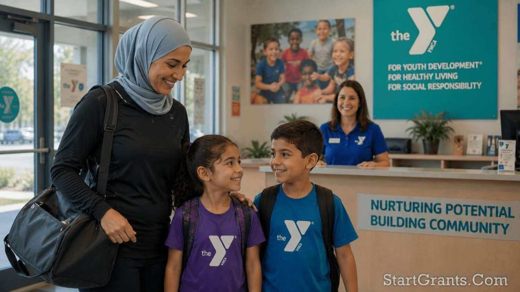 A Muslim mother utilizing YMCA childcare services funded by ethical, Riba-free financial assistance.