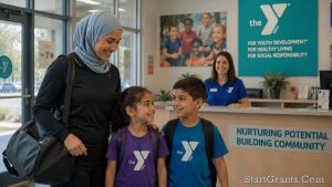 A Muslim mother utilizing YMCA childcare services funded by ethical, Riba-free financial assistance.