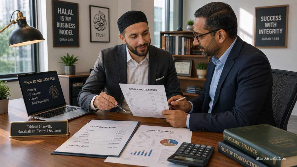 A Muslim business owner and accountant reviewing corporate taxes and Zakat obligations on a business grant.