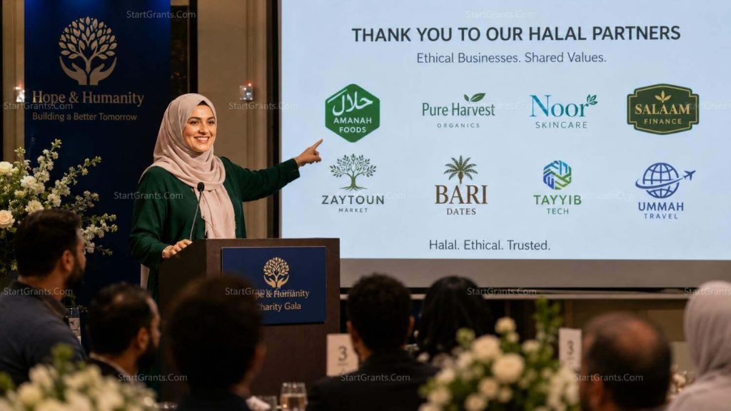 A Muslim non-profit leader hosting a charity event funded entirely by Halal corporate sponsorships.