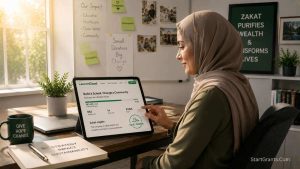 A Muslim nonprofit director managing a Zakat crowdfunding campaign on a digital tablet.