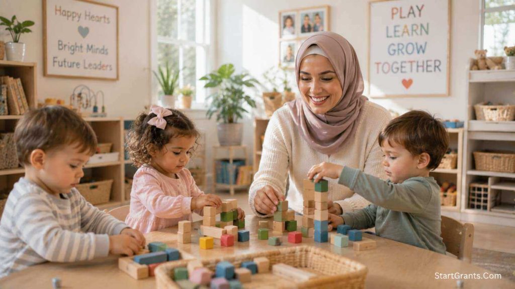 A Muslim female entrepreneur operating a Halal, Riba-free in-home daycare funded by government grants.