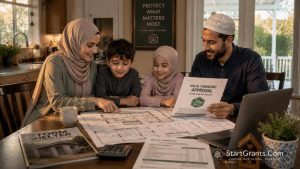 A Muslim family reviewing Halal financing and FEMA grant paperwork for their new storm shelter.