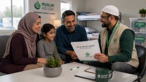 A Muslim family receiving Halal disaster relief grants and avoiding Riba-based recovery loans.