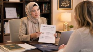 A Muslim woman consulting with an Islamic financial advisor regarding Nafaqah and Halal financial assistance after divorce.