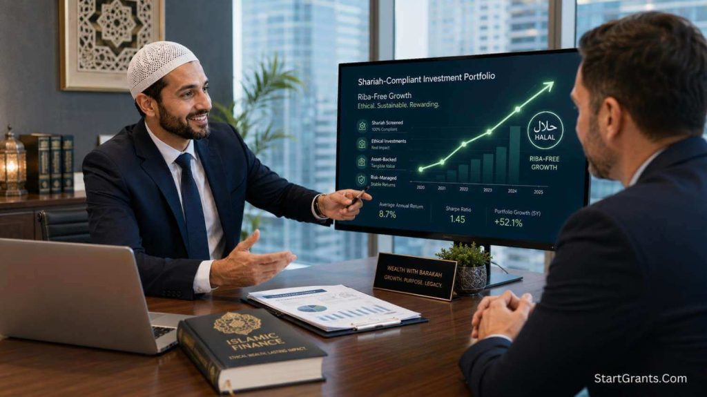 A Muslim financial advisor explaining Halal, Riba-free Donor-Advised Fund investment strategies to a client.