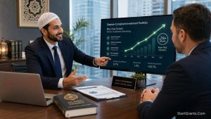 A Muslim financial advisor explaining Halal, Riba-free Donor-Advised Fund investment strategies to a client.
