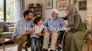 A Muslim family caring for their elderly parent at home, demonstrating the Islamic duty of Birr al-Walidayn.