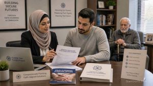A Muslim family discussing Halal financial grants and Medicaid options for adult day care.