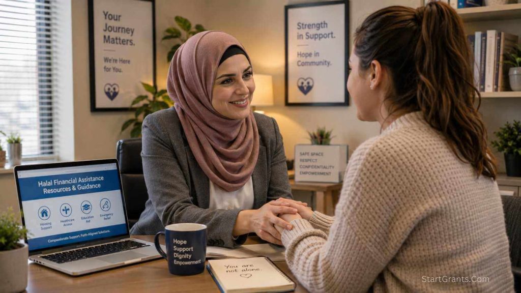 A Muslim counselor helping a survivor secure Halal emergency grants and Zakat funding.