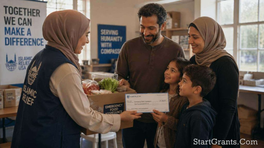 A Muslim family receiving Halal emergency humanitarian assistance.