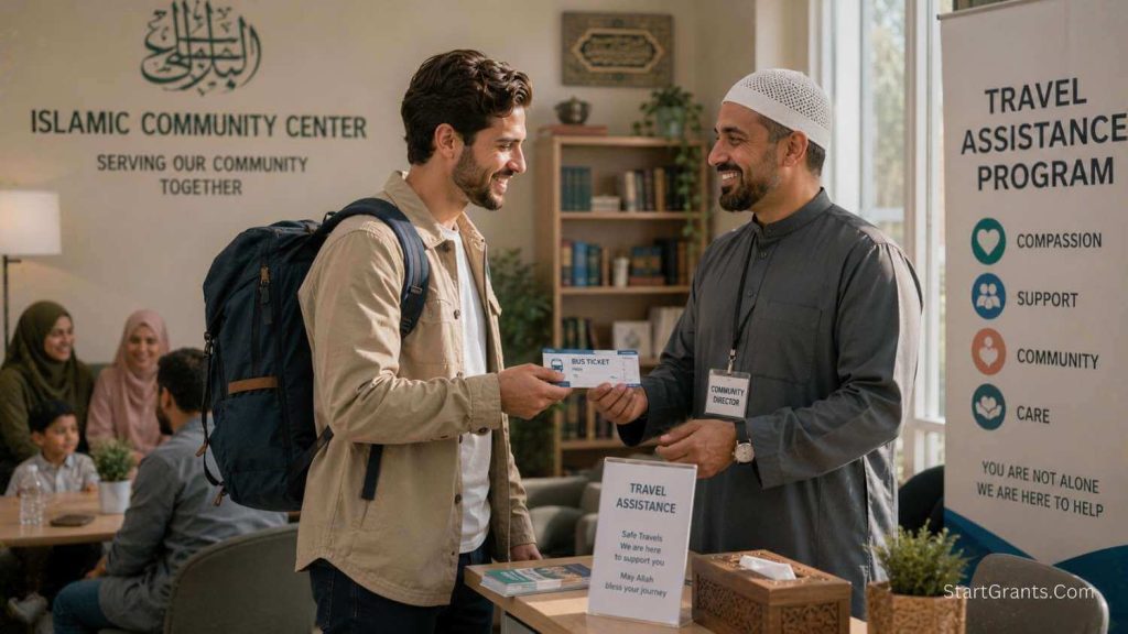 A stranded Muslim traveler (Ibn al-Sabil) receiving Zakat assistance at a local community center to return home.