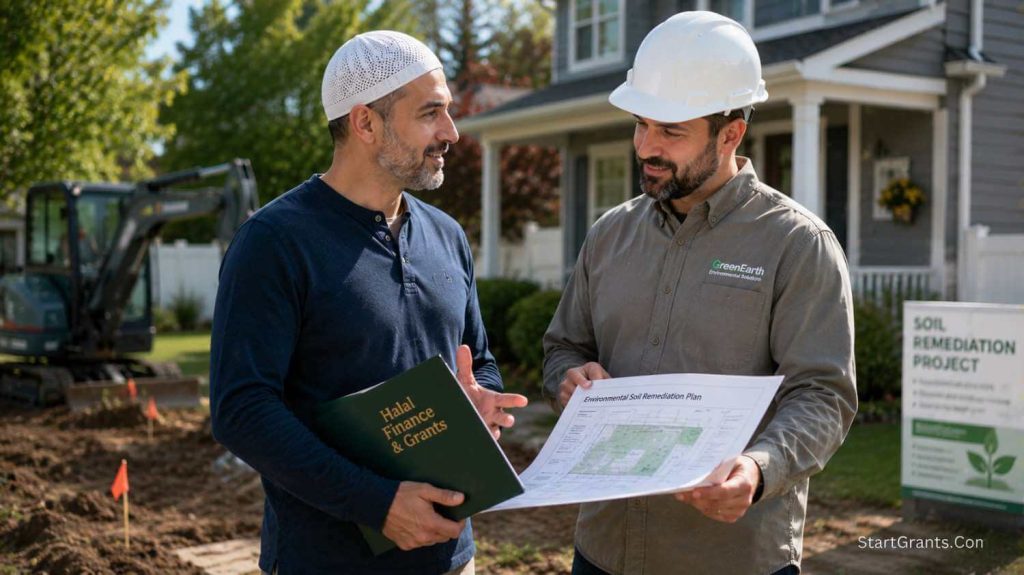 Muslim homeowner reviewing environmental repair funding documents