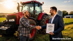 A Muslim farmer acquiring heavy farm equipment through a Halal Murabaha financing contract without Riba.