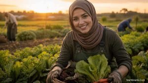 A Muslim female farmer harvesting crops funded by Halal government grants.