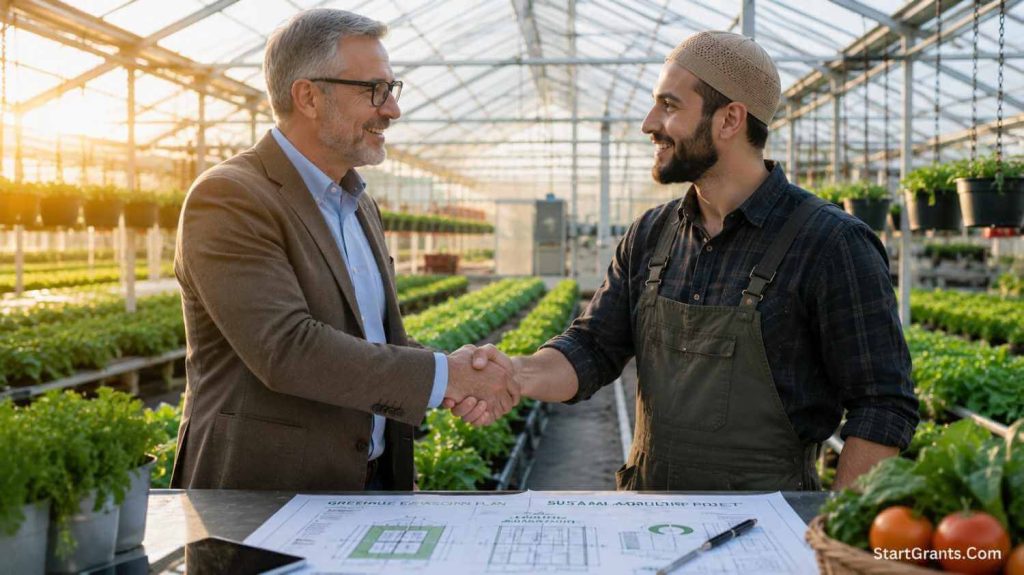 A Muslim farmer and an investor agreeing on a Halal Mudarabah partnership for a new farm.