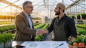 A Muslim farmer and an investor agreeing on a Halal Mudarabah partnership for a new farm.