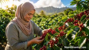 A Muslim farmer harvesting coffee in Hawaii, preparing to pay Zakat al-Zuru on the exotic crop.
