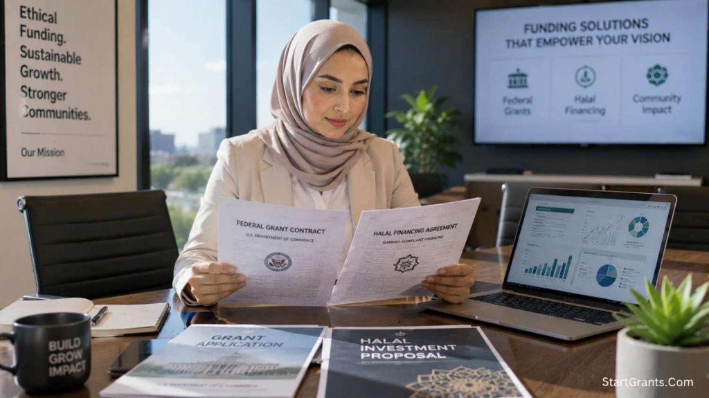 A Muslim female entrepreneur securing Halal federal grants and avoiding Riba-based bridge loans.