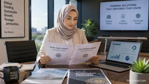 A Muslim female entrepreneur securing Halal federal grants and avoiding Riba-based bridge loans.