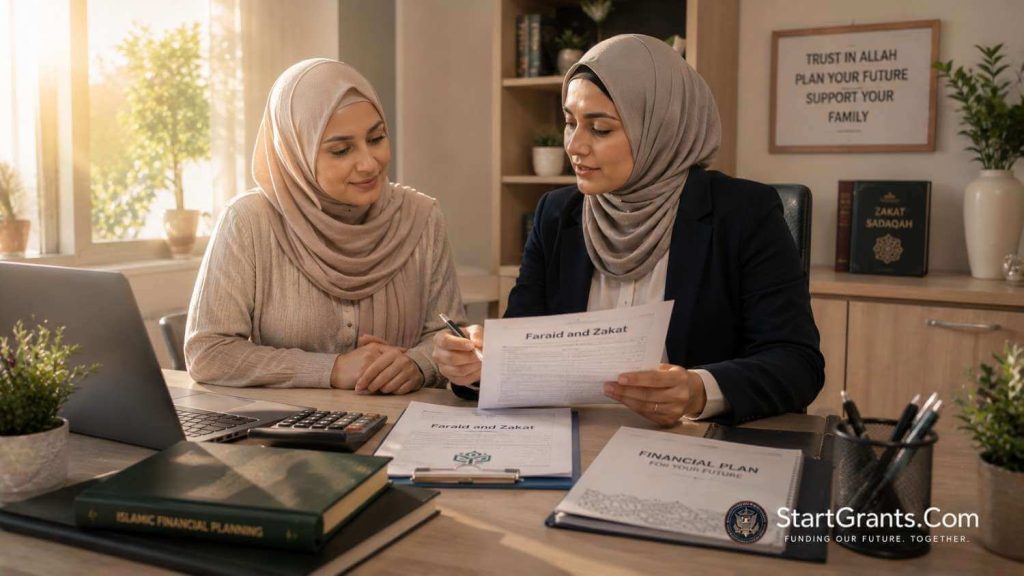 A Muslim widowed mother consulting with an advisor about Faraid, Halal assistance, and Zakat for orphans.