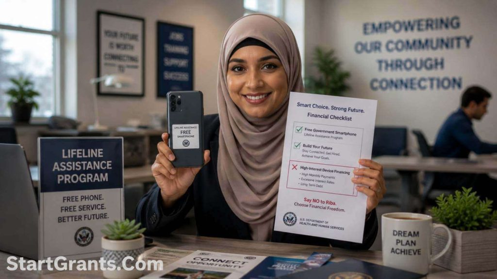 A Muslim woman using a free government phone to search for jobs without taking Riba-based financing.