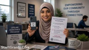 A Muslim woman using a free government phone to search for jobs without taking Riba-based financing.