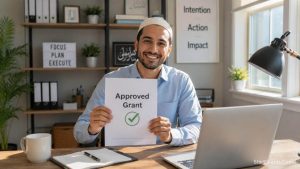 A Muslim self-employed freelancer celebrating a Halal government micro-grant approval.