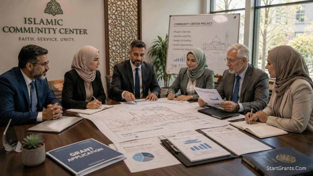 A Muslim nonprofit board of directors discussing ethical grant funding and avoiding Riba.