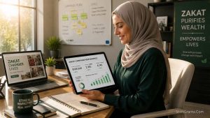 A Muslim digital marketer reviewing the success of an ethically crafted Zakat fundraising email campaign.