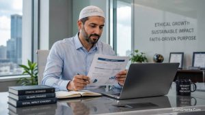 A Muslim professional reviewing government grant applications on a laptop.