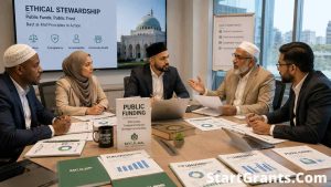 Muslim community leaders reviewing the ethical use of government grant funding and Bayt al-Mal principles.