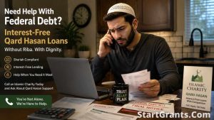 A Muslim student organizing his finances to pay back a government grant using a Halal Qard Hasan loan to avoid Riba.